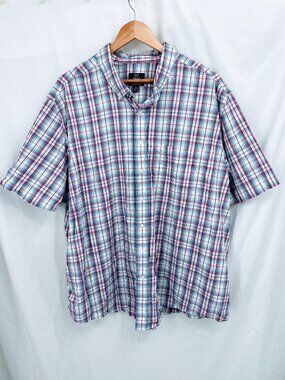 George Men Short Sleeve Button Up Blue and Red Multiple Stripes